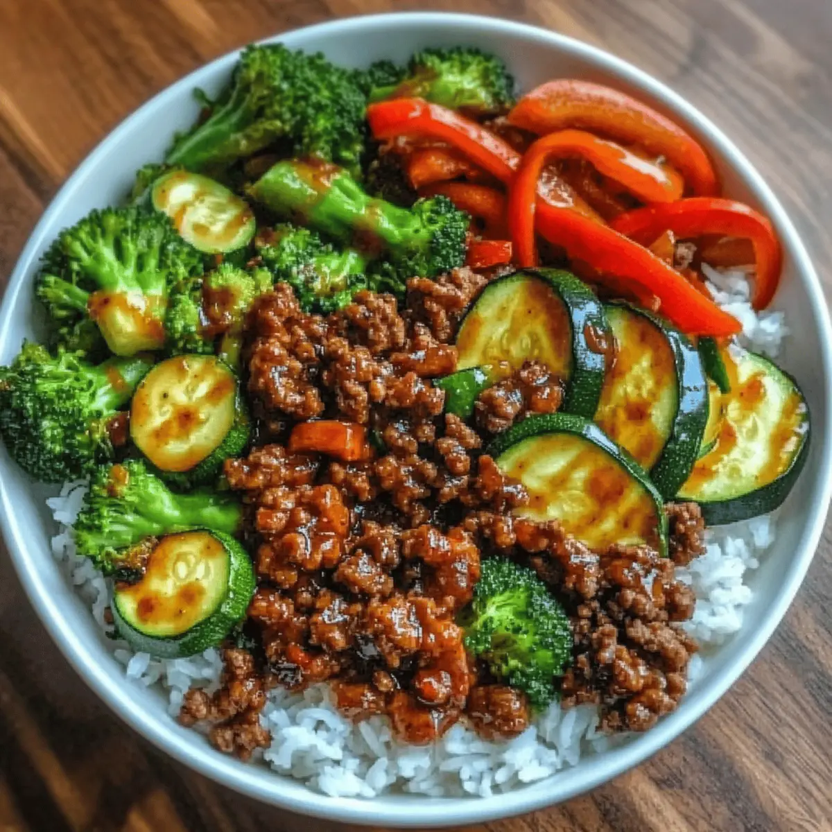 Spicy Ground Beef Stir-Fry Bowl with Garlic Veggies & Steamy Rice