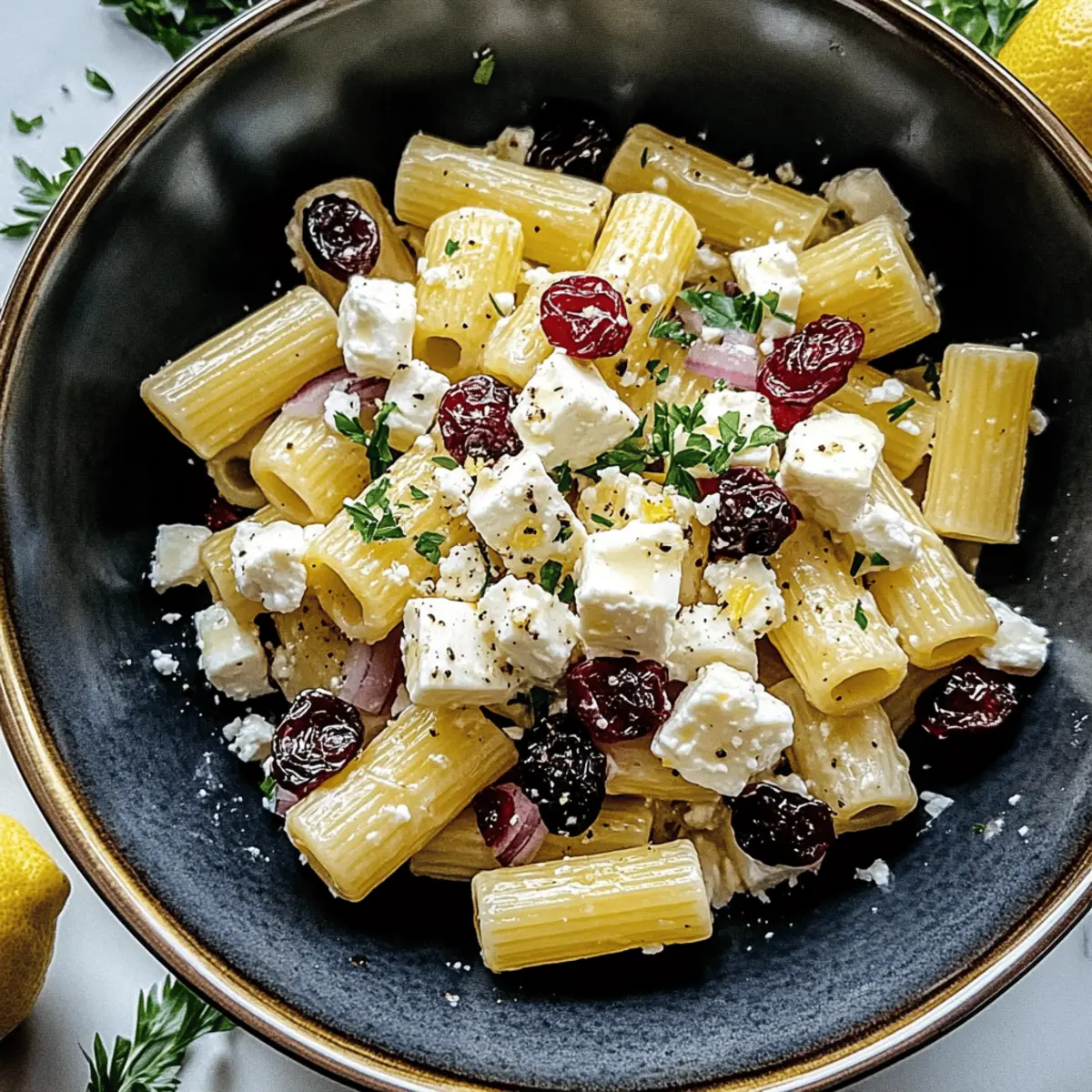 Feta & Cranberry Rigatoni Salad with Lemon Vinaigrette