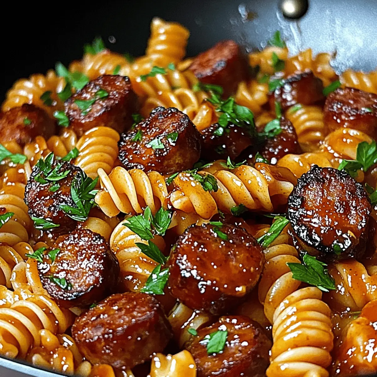 One-Skillet Spicy Honey BBQ Sausage & Pasta