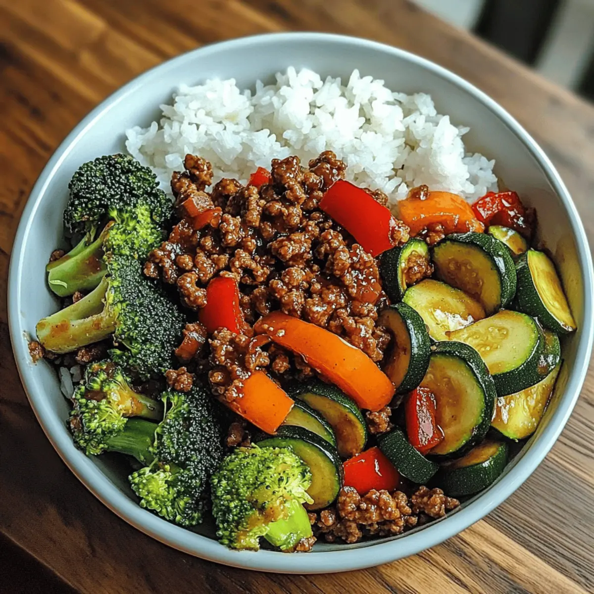 Spicy Ground Beef Stir-Fry Bowl with Garlic Veggies & Steamy Rice