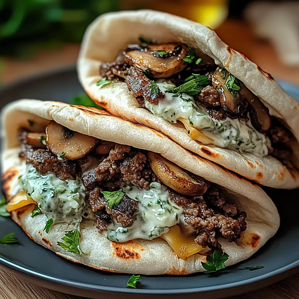 Cheesy Beef and Mushroom Pita Pockets with Tzatziki Sauce
