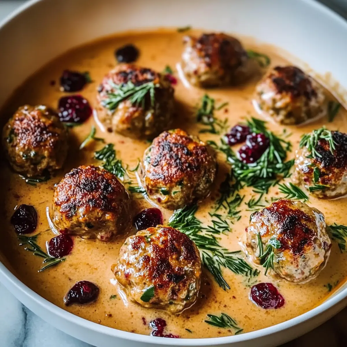 Thanksgiving Turkey Cranberry Meatballs in Creamy Herb Sauce