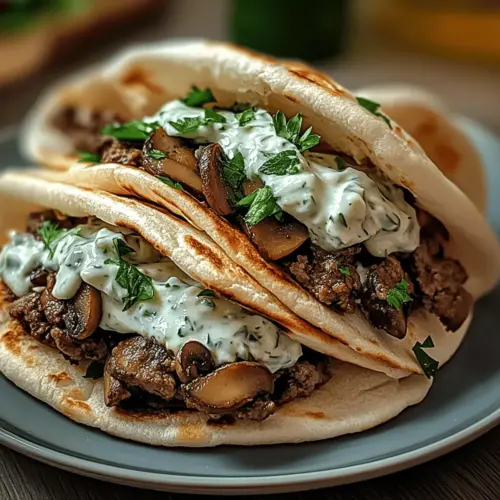 Cheesy Beef and Mushroom Pita Pockets with Tzatziki Sauce