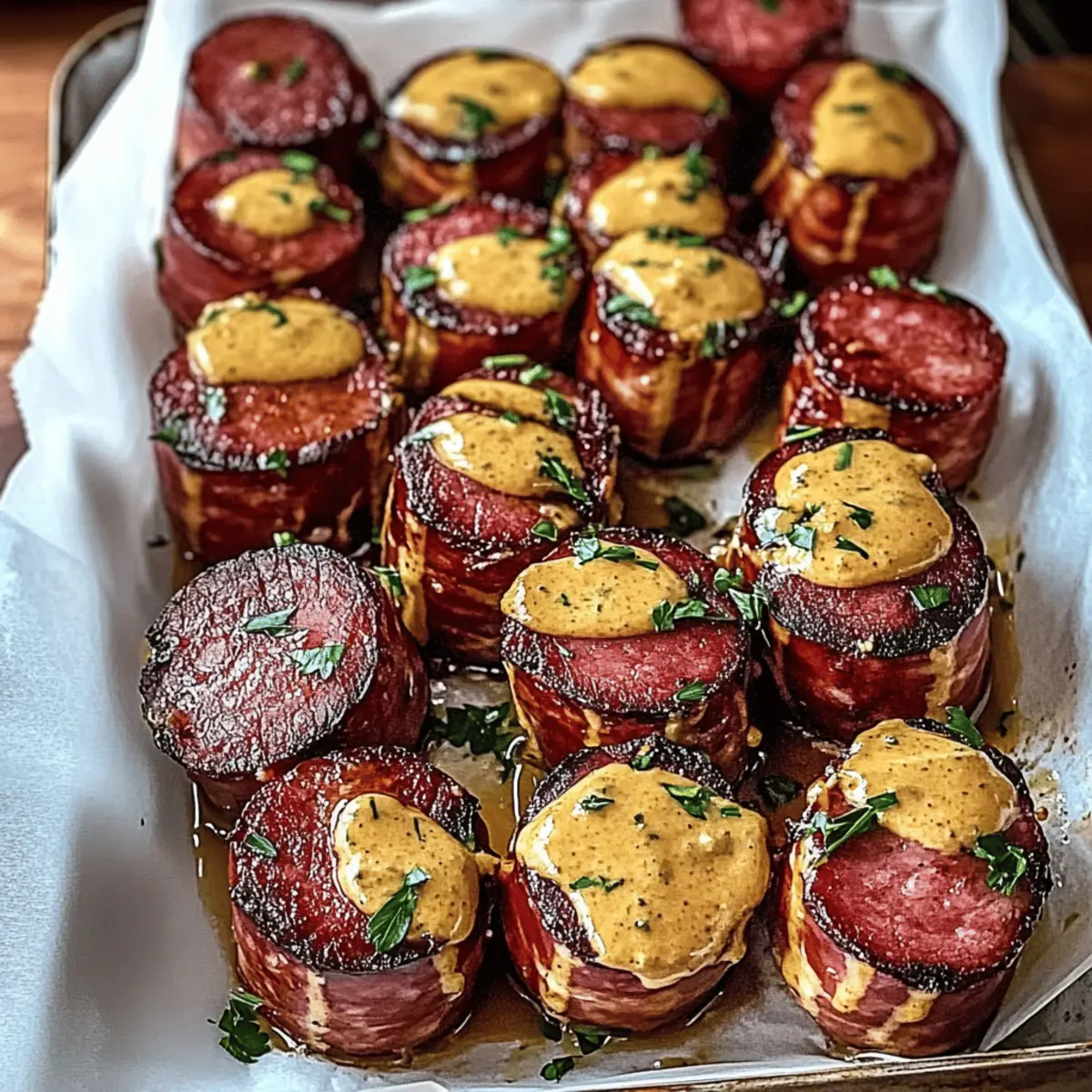 Mustard Hasselback Kielbasa Bites