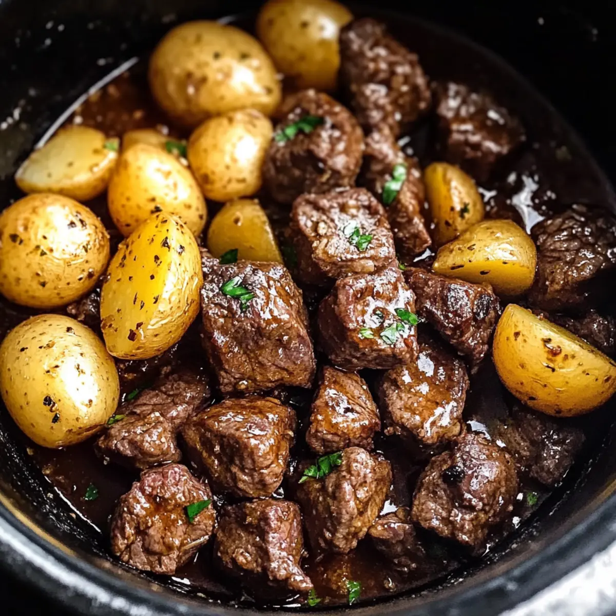 Slow Cooker Garlic Butter Beef Bites with Potatoes