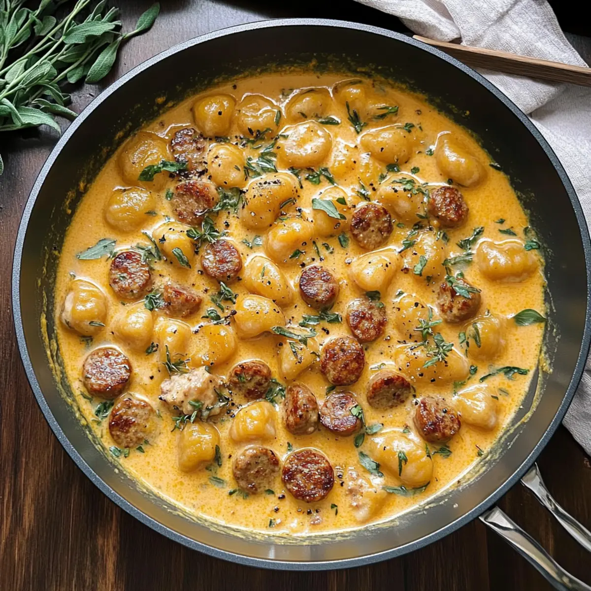 Creamy Butternut Squash Gnocchi with Sausage, Thyme, and Sage