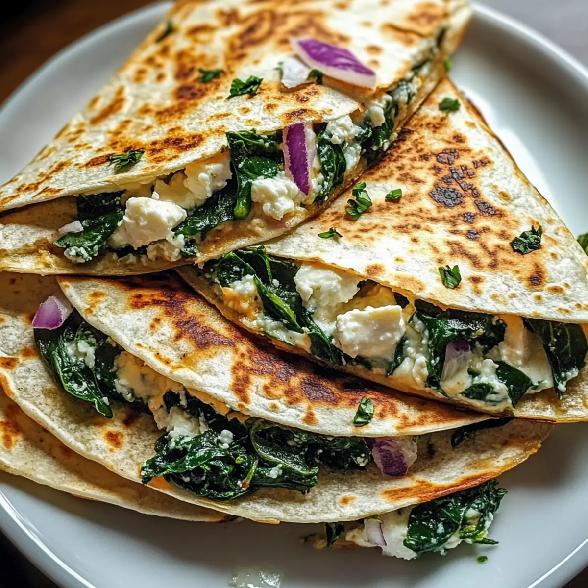 Mediterranean Quesadillas with Spinach Feta Mozzarella and Red Onion