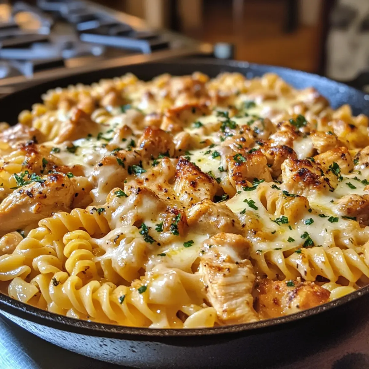 Cheesy Cajun Garlic Chicken Rotini Skillet