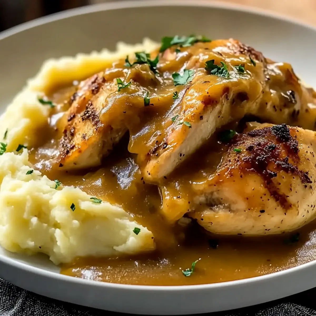 Chicken and Garlic Gravy with Cheesy Mashed Potatoes