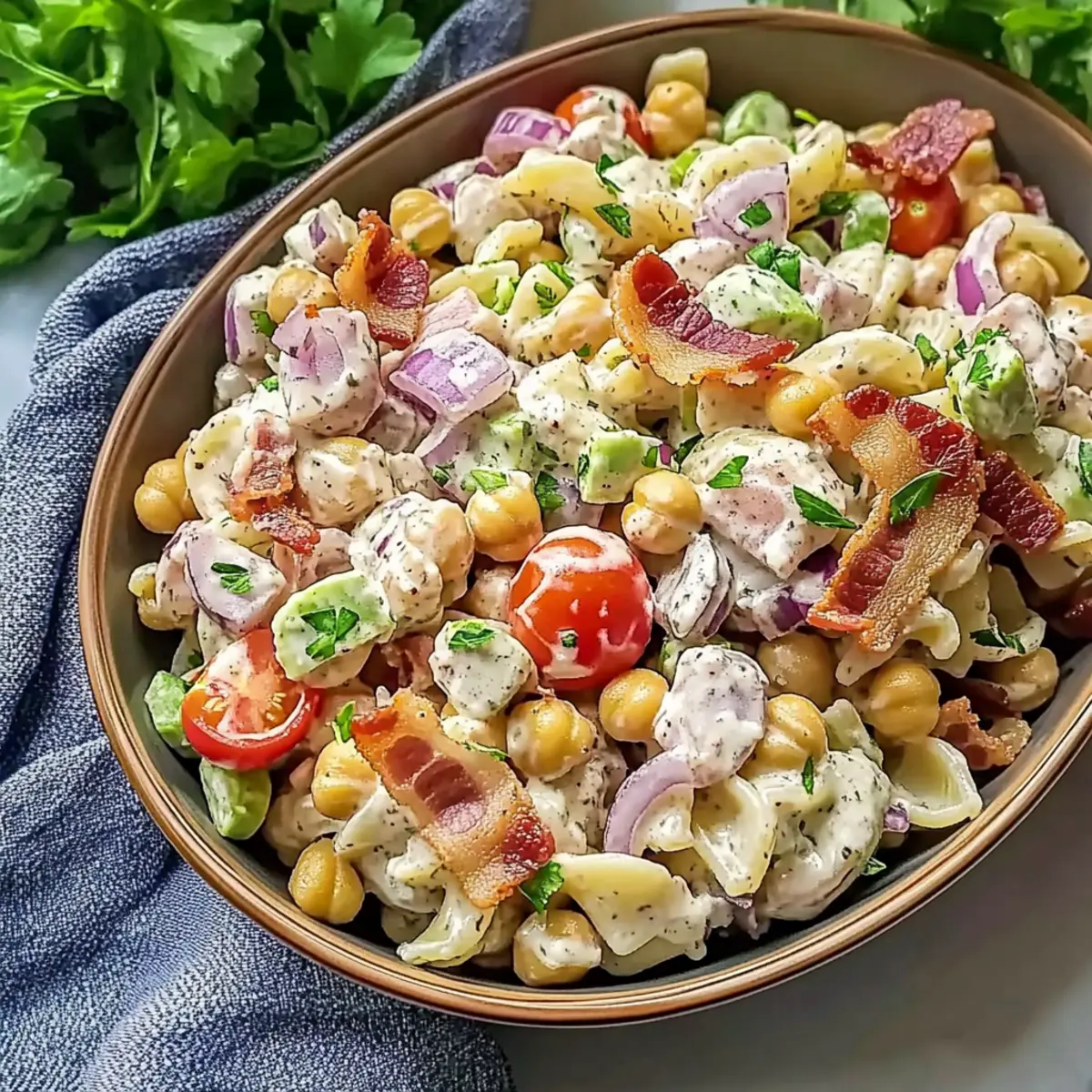 High Protein Bacon Ranch Pasta Salad