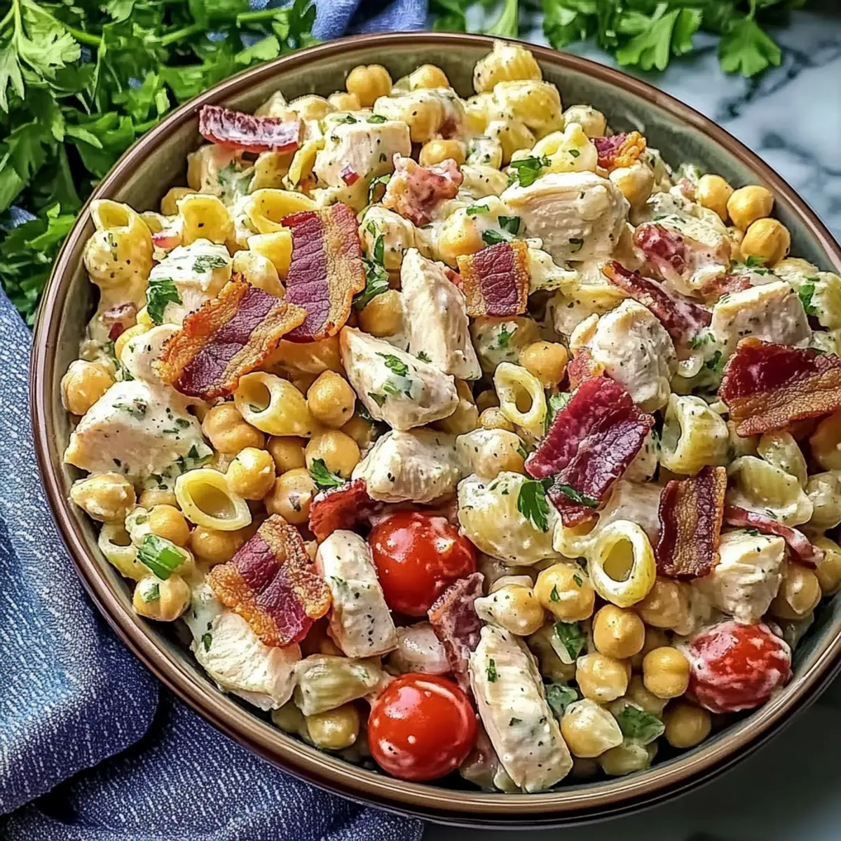 High Protein Bacon Ranch Pasta Salad