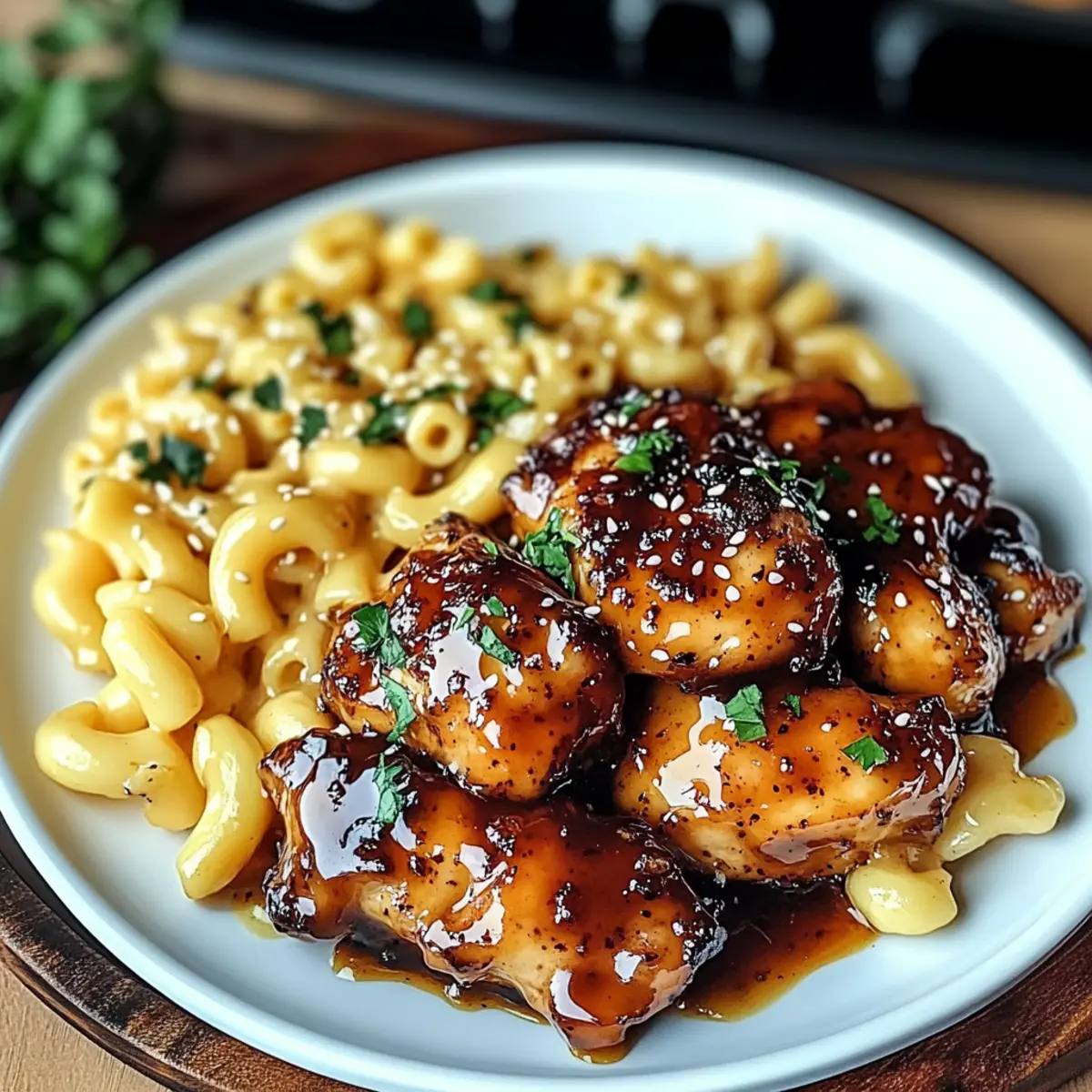 Sweet and Spicy Honey Pepper Chicken with Creamy Mac and Cheese