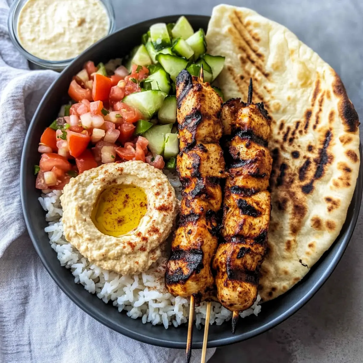 Mediterranean Rice Bowl with Grilled Chicken Tawook Skewers