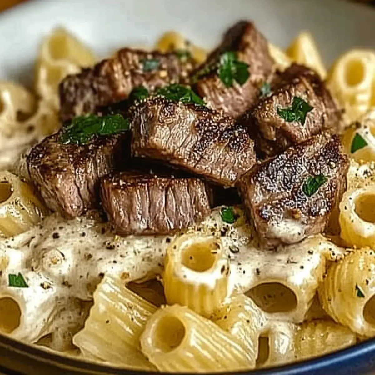 Steak Bites and Shell Pasta in Garlic Butter Alfredo Sauce