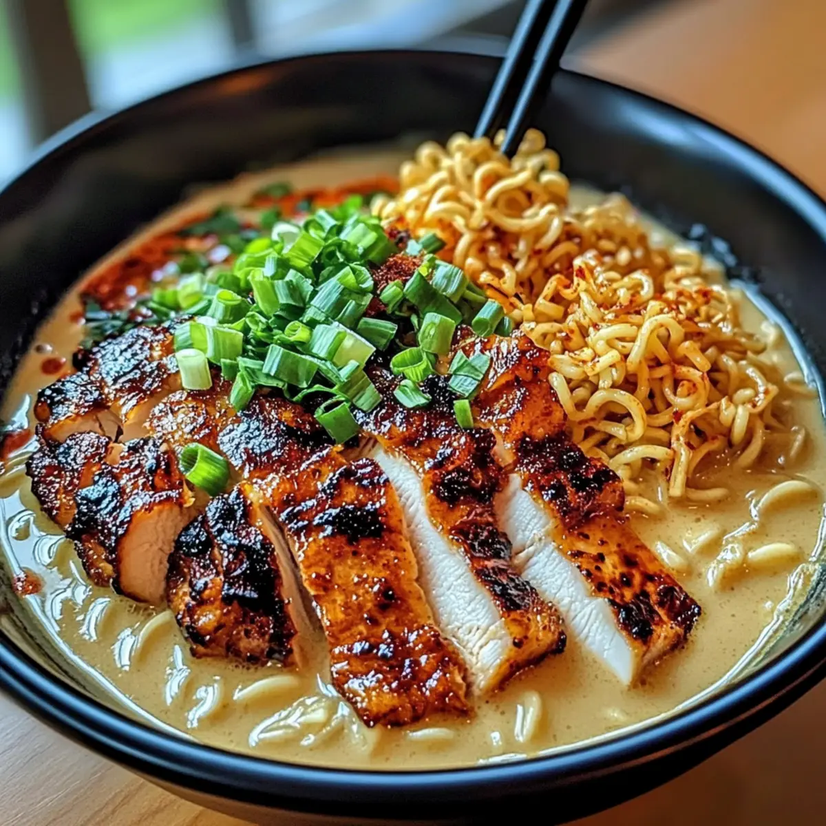 Fiery Chicken Ramen with Creamy Garlic Sauce