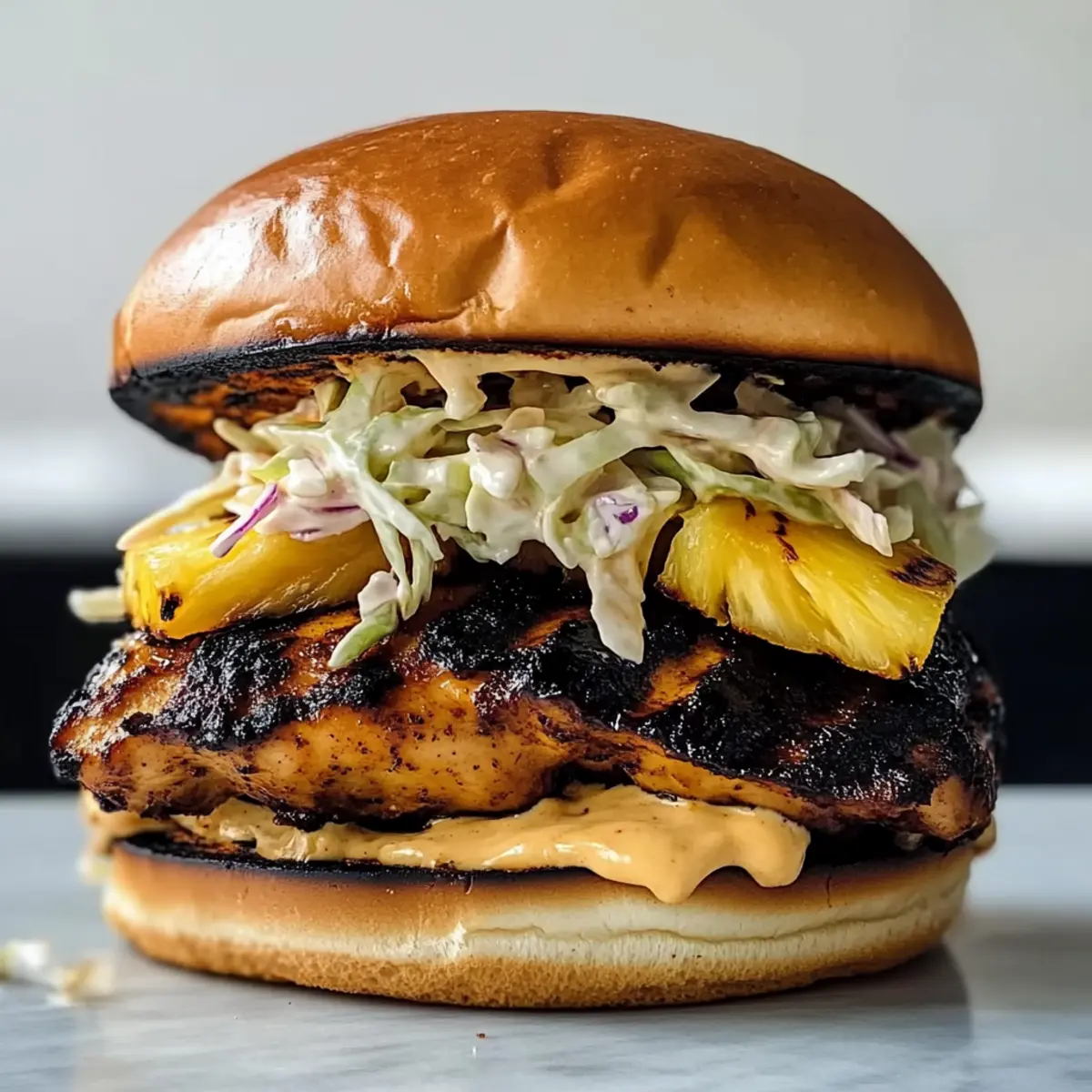 Jerk Chicken Sandwich with Grilled Pineapple and Coleslaw