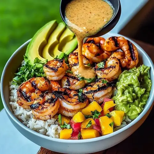 Shrimp and Avocado Bowls with Mango Salsa & Lime-Chili Sauce
